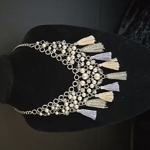 Vintage! Elegant Silver and Cream Tassel Chandelier Necklace. GORGEOUS!